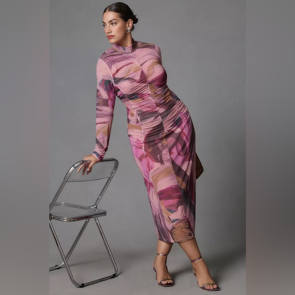 Anthropologie Long-Sleeve Printed Mesh Midi Dress